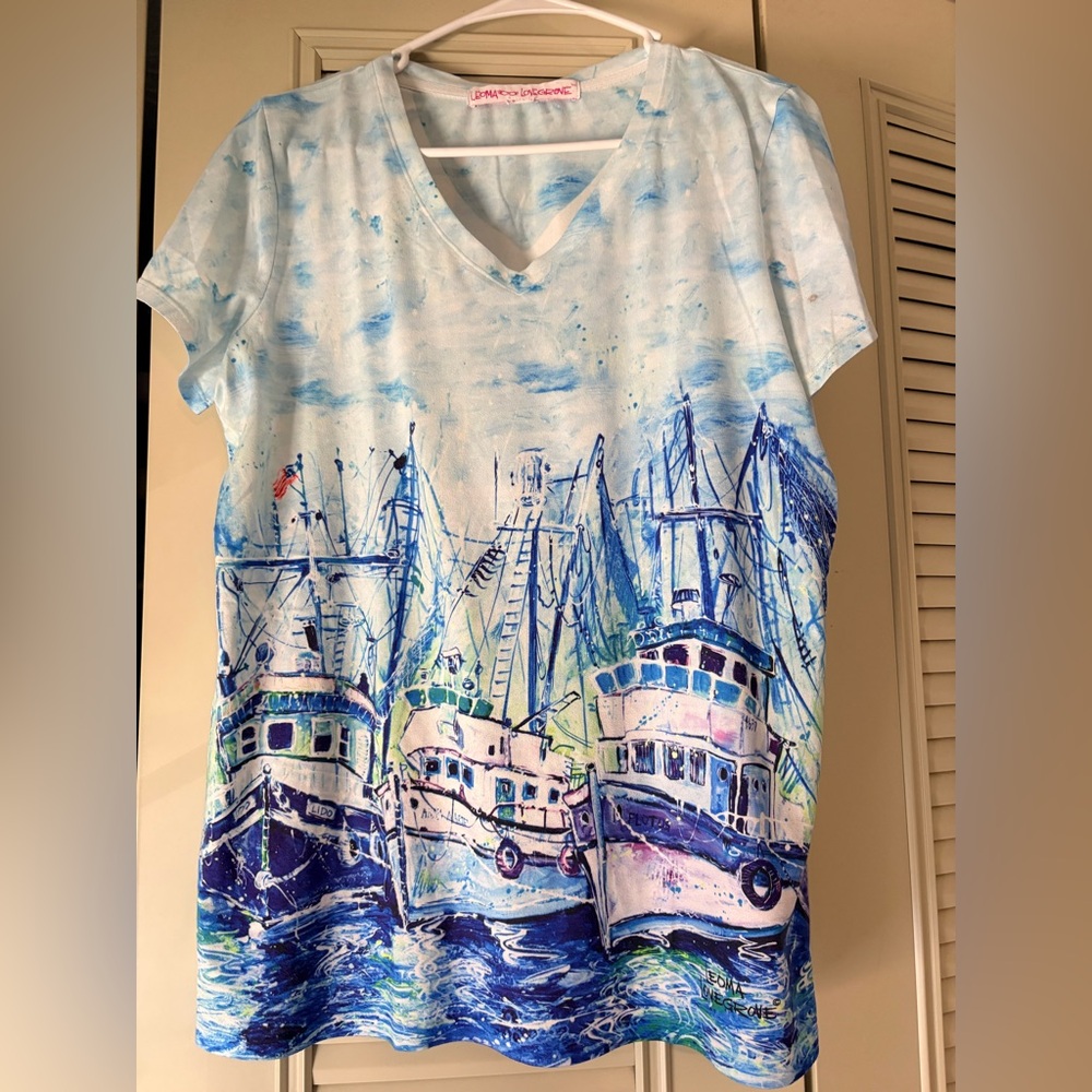 Leoma Lovegrove ‘fishing/shrimp boat’ patterned short sleeve top. Small